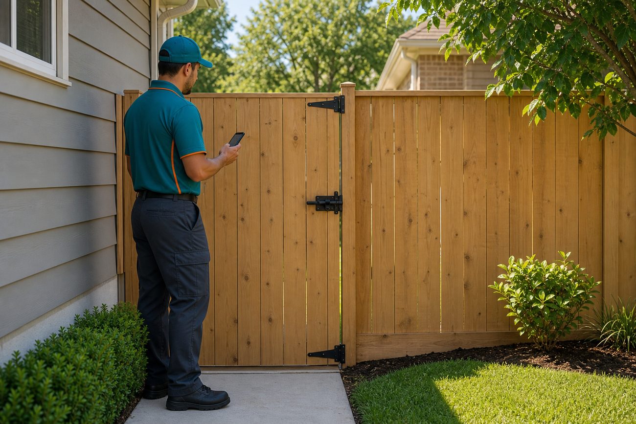 Service professional in DWM-themed colors confirming a backyard gate is secured