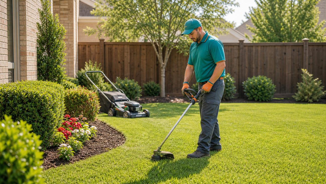 Lawn service professional in DWM-themed colors maintaining a clean backyard lawn